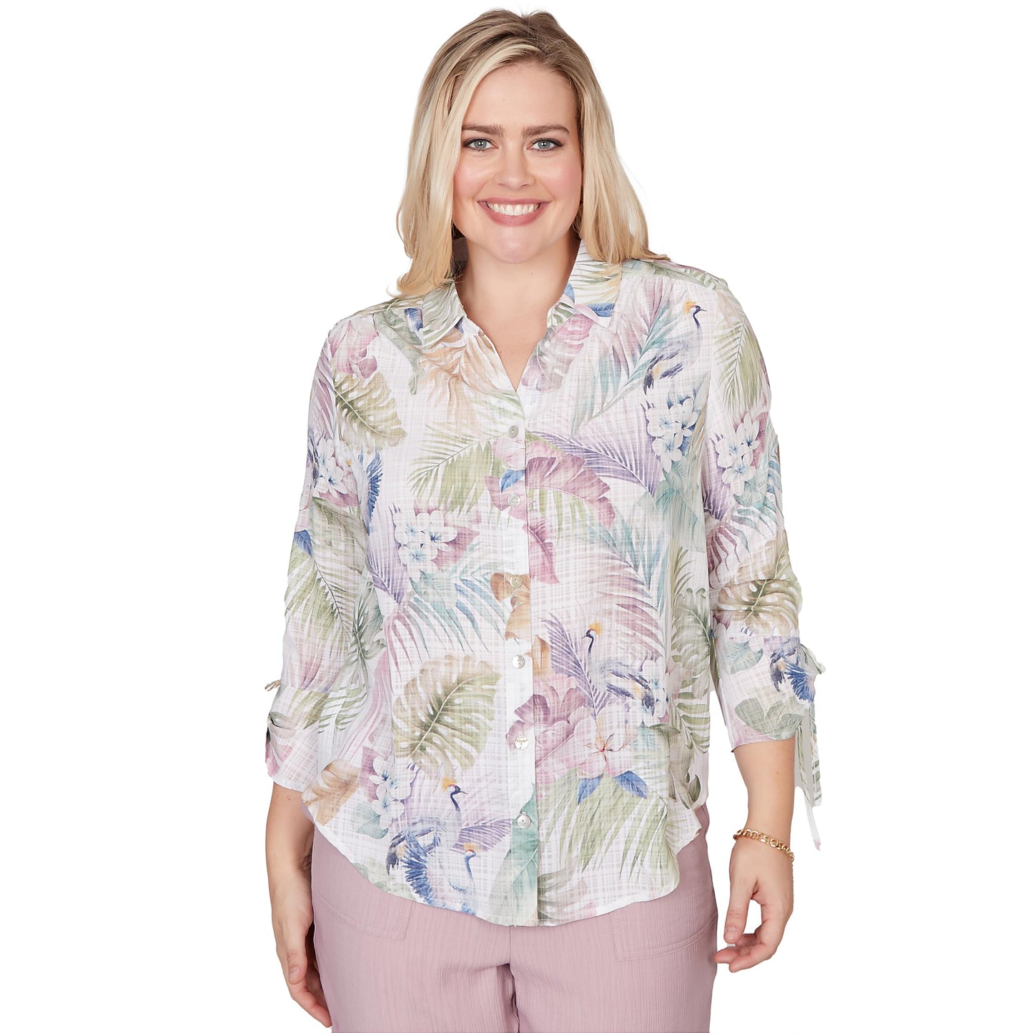 Alfred Dunner Women's Tropical Button Front Tie Sleeve Top