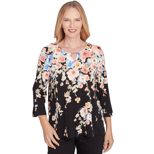 Alfred Dunner Women's Falling Flower Beaded Split Neck Top Size S Black