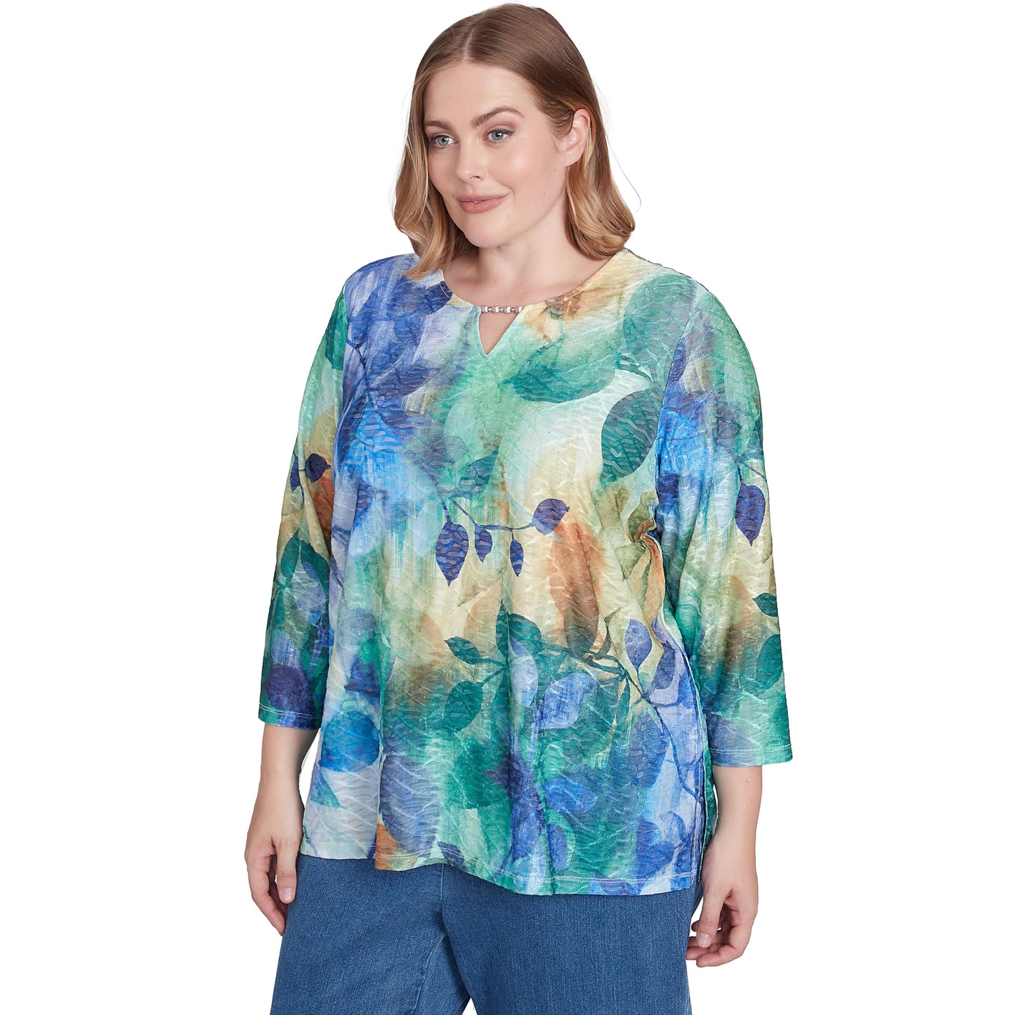 Alfred Dunner Women's Petite Watercolor Leaves Knit Top Size PS Multi Green