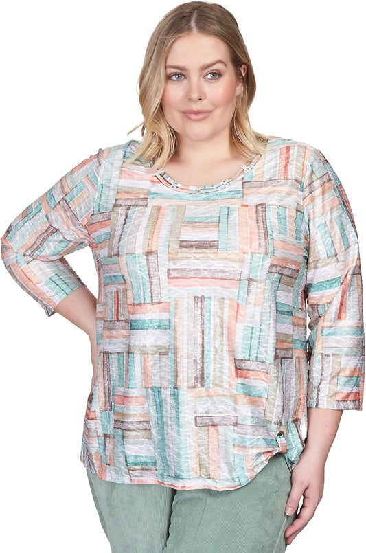 Alfred Dunner Women's Plus-Size Texture Stripe Patchwork Side Grommet Top Size 1X Multi