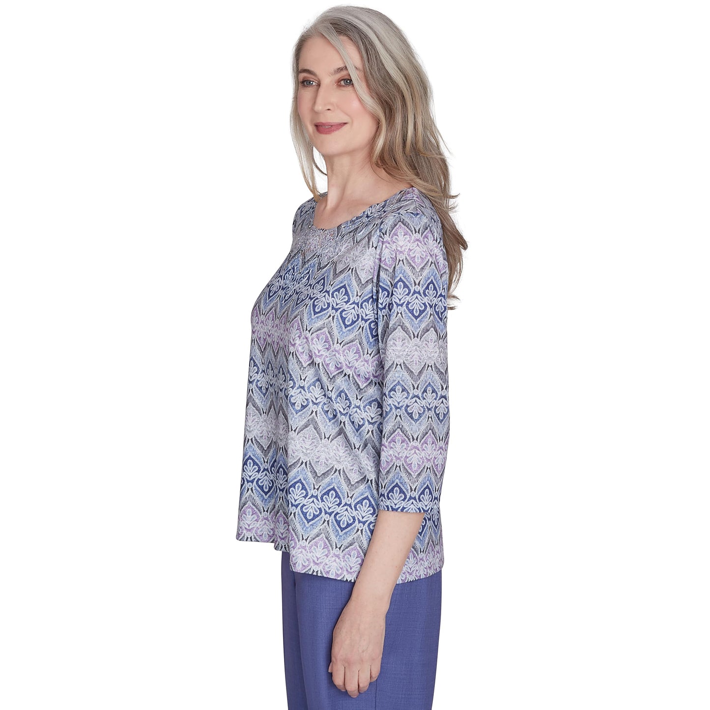 Alfred Dunner Worth Avenue Multicolored Polyester Top (US, Alpha, Large, Regular, Regular, Standard, Grey)
