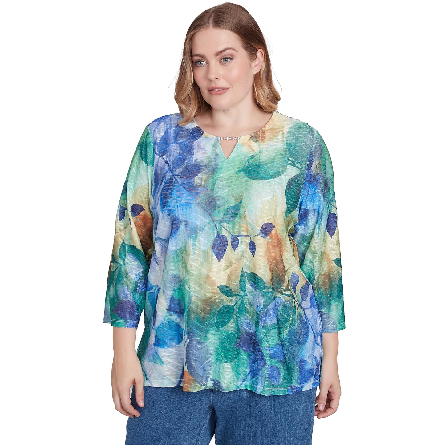 Alfred Dunner Women's Petite Watercolor Leaves Knit Top Size PS Multi Green