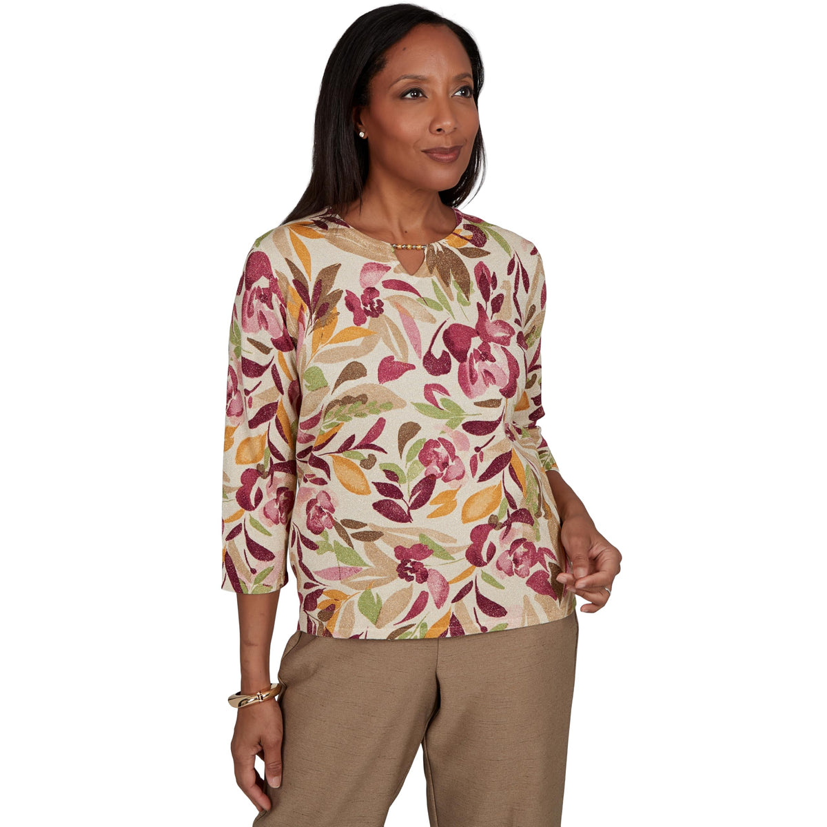 Alfred Dunner Women's Floral Painterly Print Shimmer Sweater, Tan, XL