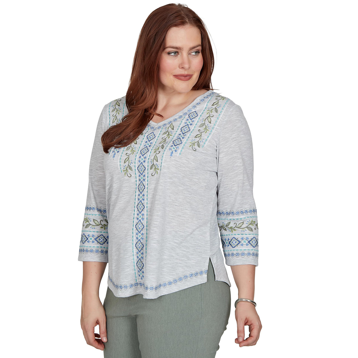 Alfred Dunner Women's Center Diamond Embroidered Top, Grey Heather, L