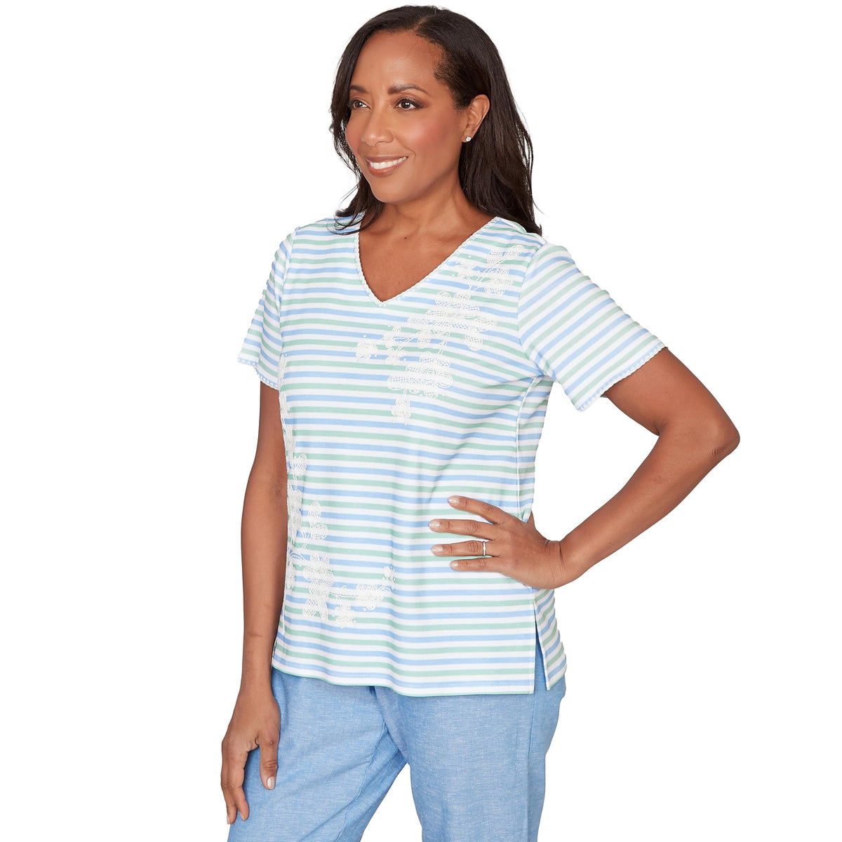 Alfred Dunner Women's Highlight Flower Striped Tee