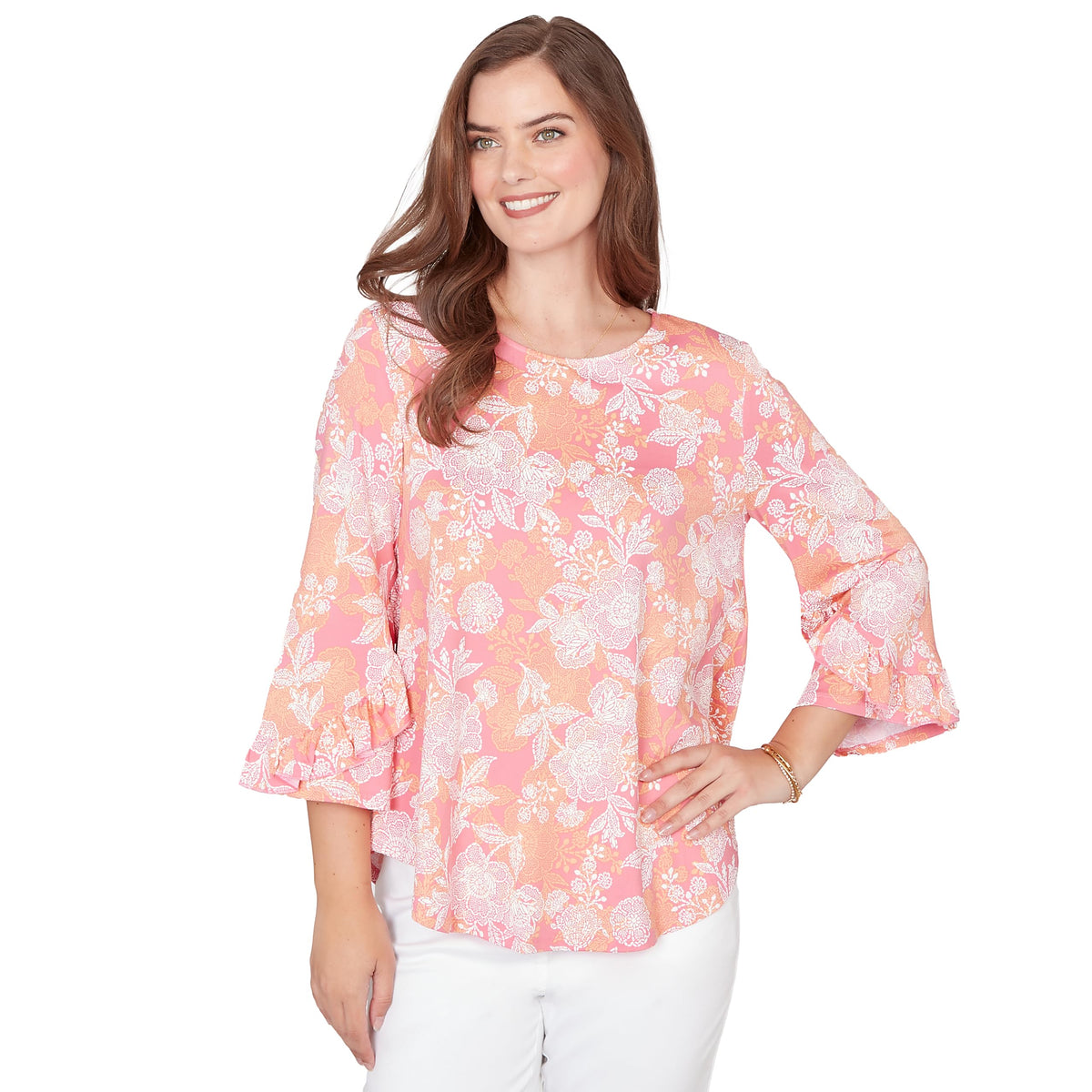 Ruby Rd. Women's Floral Puff Print Ruffle Knit Top, Cotton Candy Multi, S