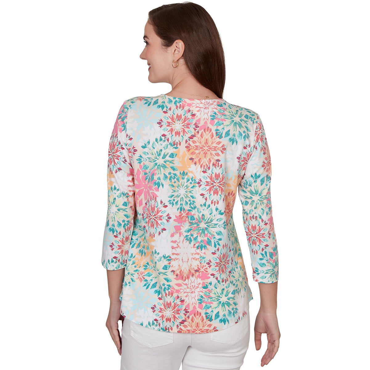 Ruby Rd. Women's Floral Medallion Envelope Neck Knit Top Size M Cotton Candy Multi