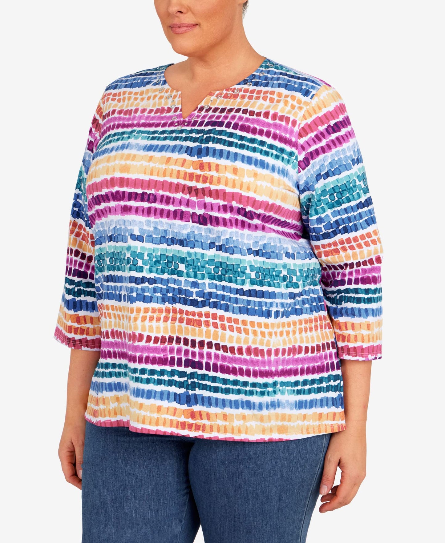 Alfred Dunner Women's Plus-Size Rainbow Dot Split Neck Top