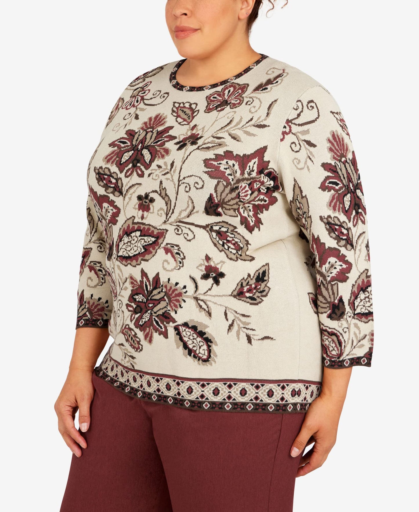 Alfred Dunner Women's Plus-Size Floral Jacquard Geometric Trim Sweater