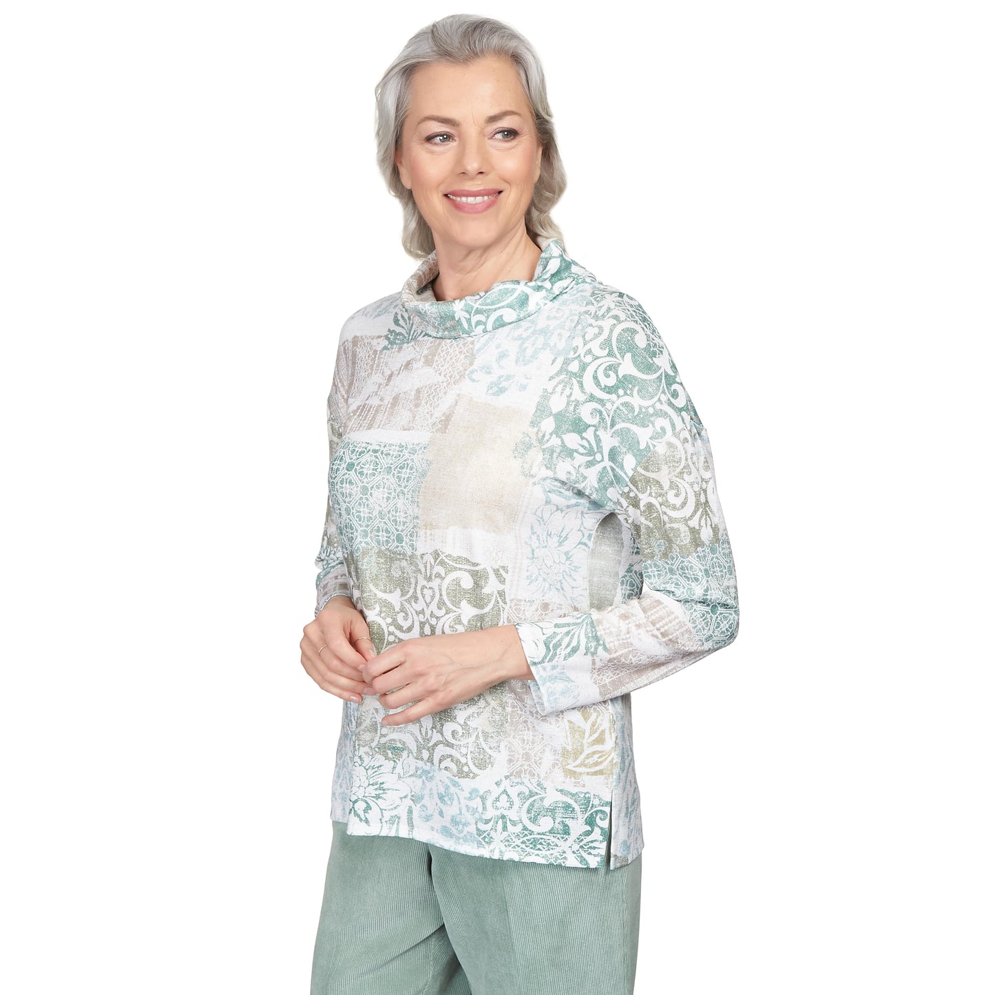 Alfred Dunner Shimmer Medallion Patchwork Cowl Neck Top (US, Alpha, Small, Regular, Regular, Standard, Multi)
