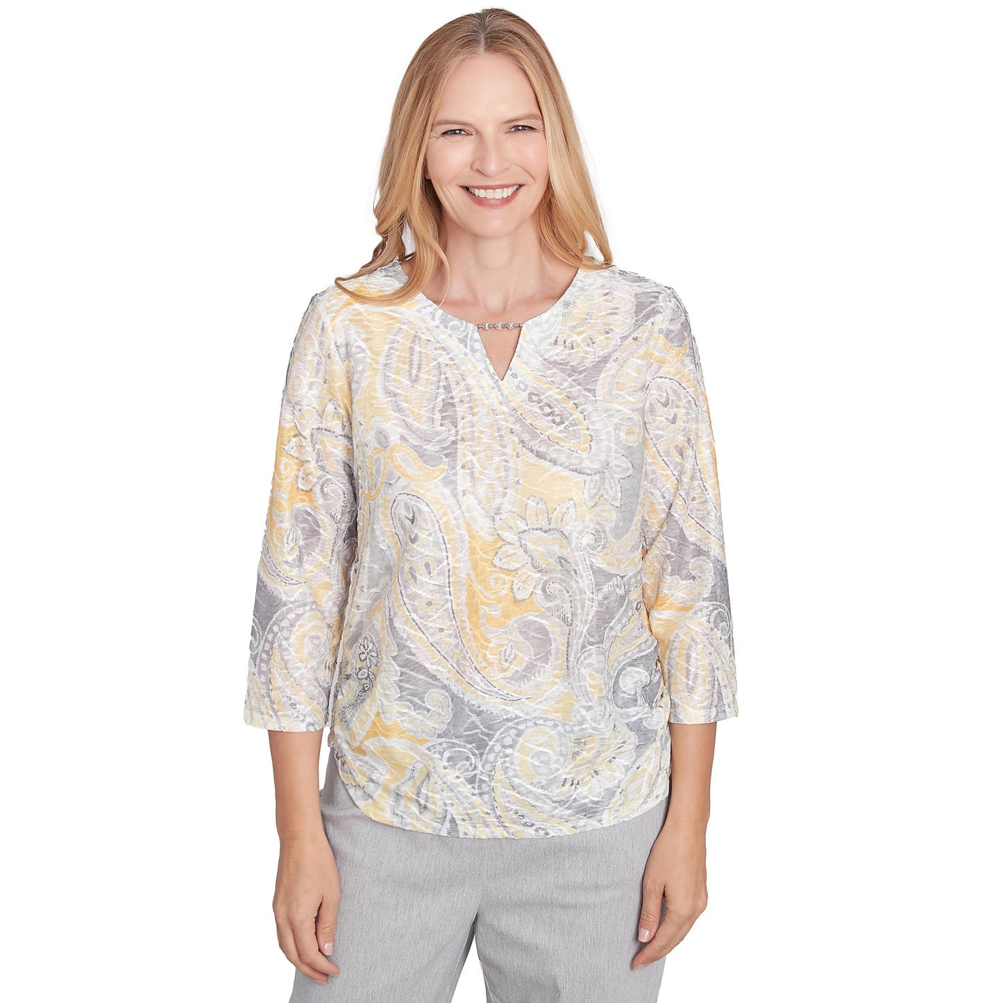 Alfred Dunner Dress Code Paisley Texture Polyester Top (US, Alpha, Small, Regular, Regular, Standard, Grey/Multi)