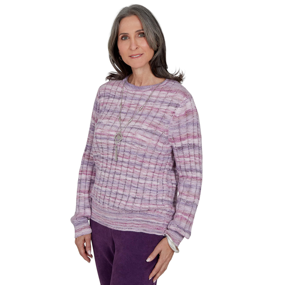 Alfred Dunner Women's Space Dye Ribbed Sweater with Necklace, Amethyst, L