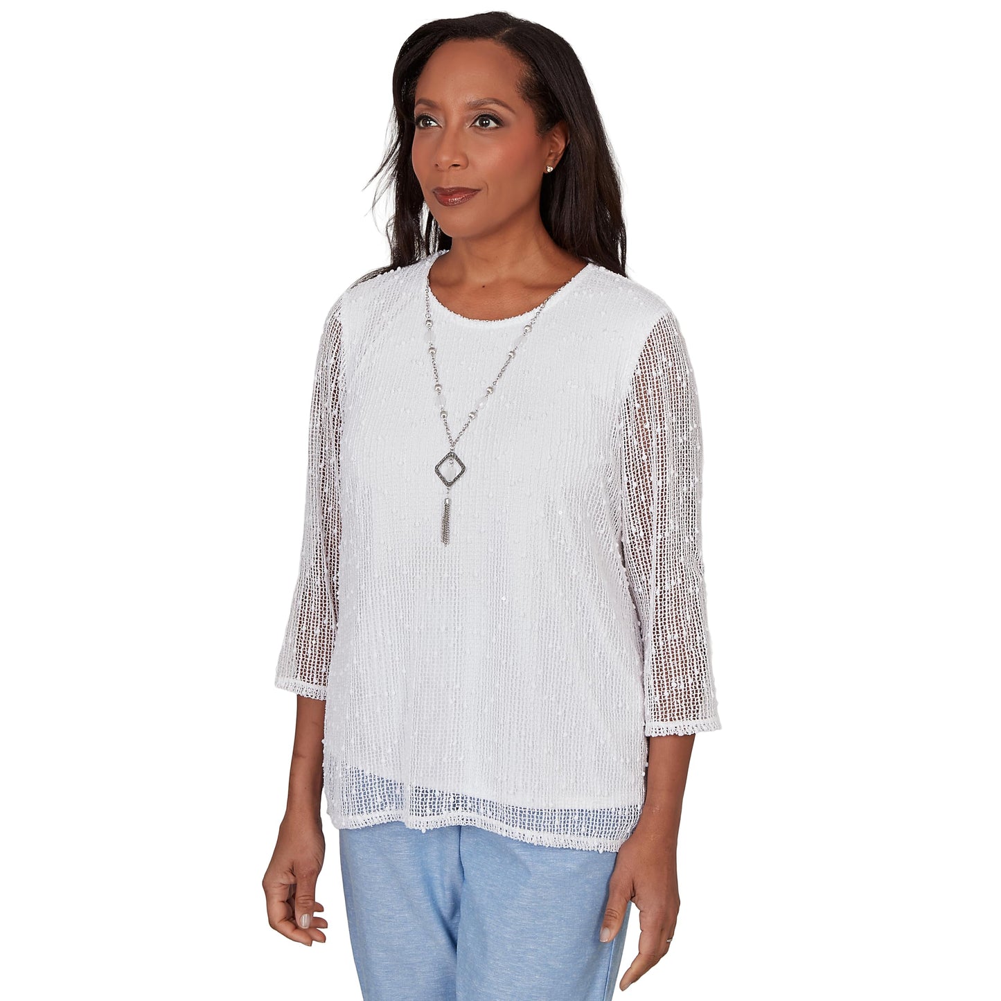 Alfred Dunner Women's Popcorn Mesh Solid Top with Necklace