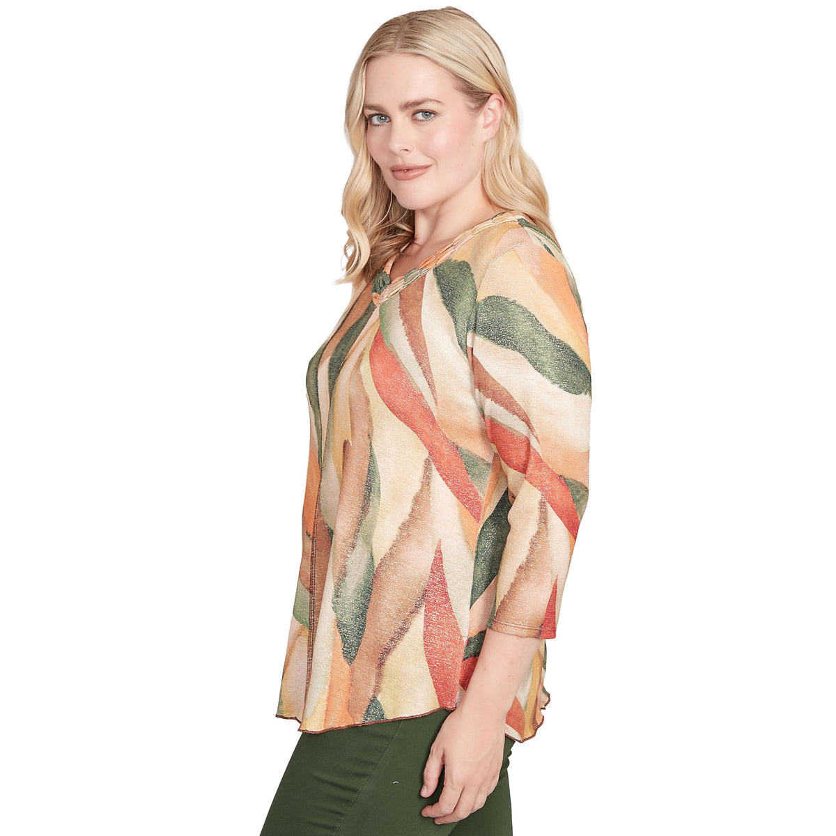 Alfred Dunner Women's Stained Glass Shimmer V-Neck Top Size L Pine Multi
