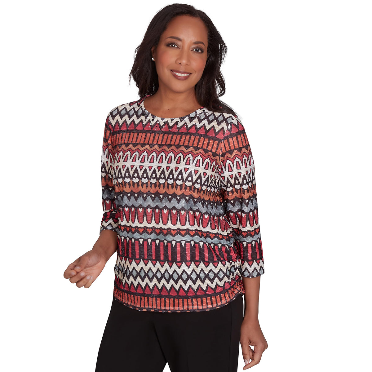 Alfred Dunner Geometric Biadre Polyester Top (US, Alpha, X-Large, Regular, Regular, Standard, Red/Multi)