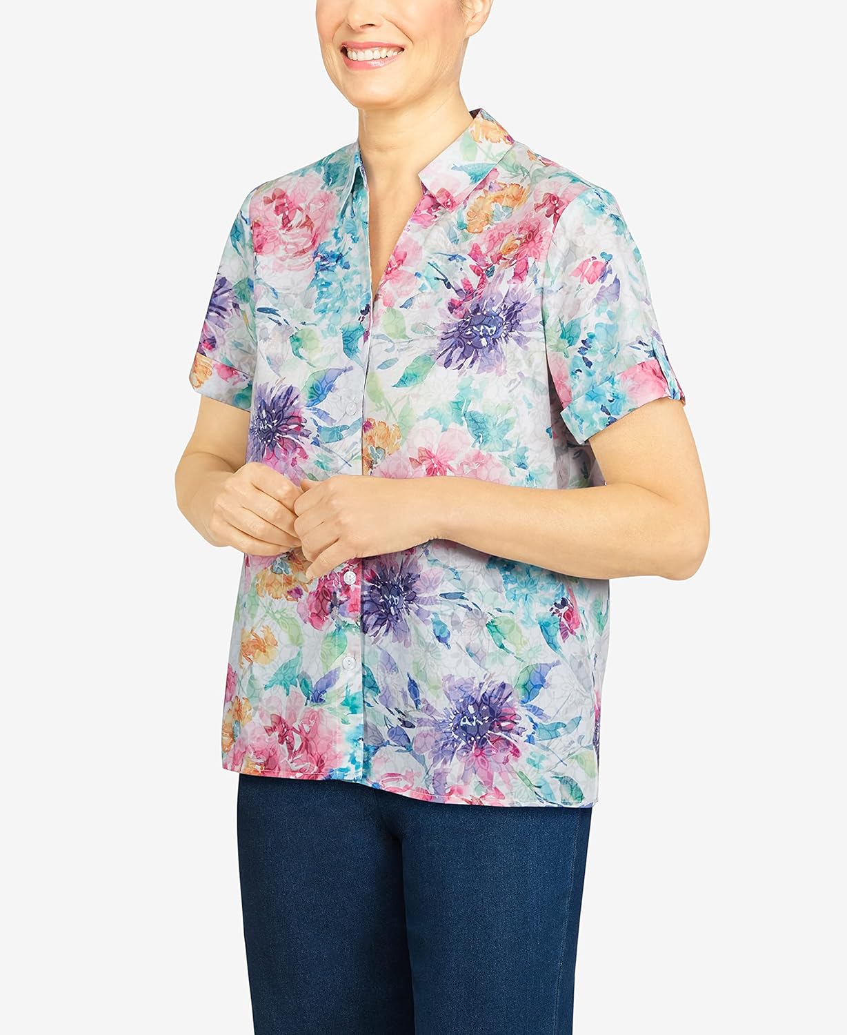 Alfred Dunner Womens Petite Floral Print Burnout Shirt, Multi, PXL