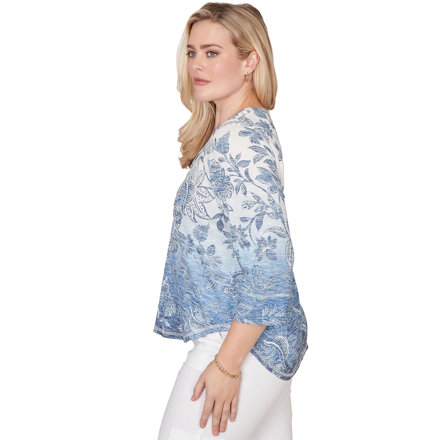 Alfred Dunner Women's Ombre Batik Floral Henley Top, Size M, Blue