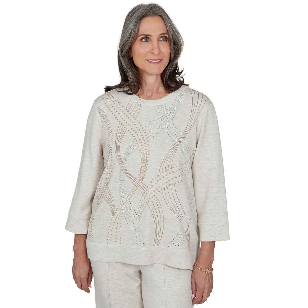 Alfred Dunner Petite Studded Swirls Knit Top, Oatmeal, PL