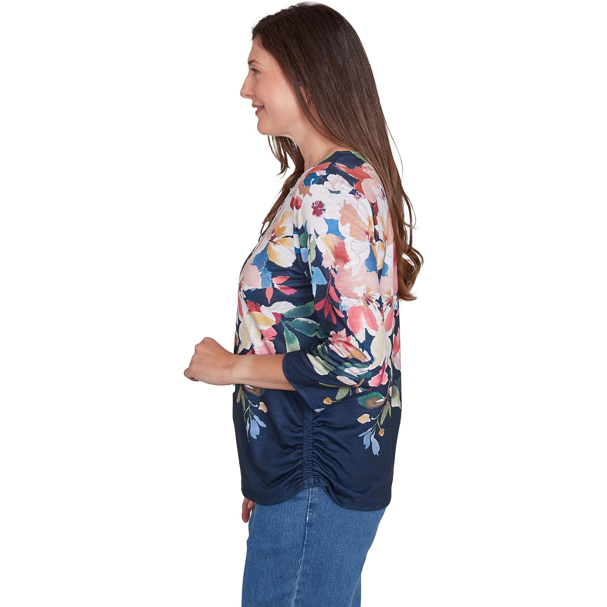 Alfred Dunner Free Spirit Placed Yoke Floral Polyester Top (US, Alpha, Small, Regular, Regular, Standard, Navy)