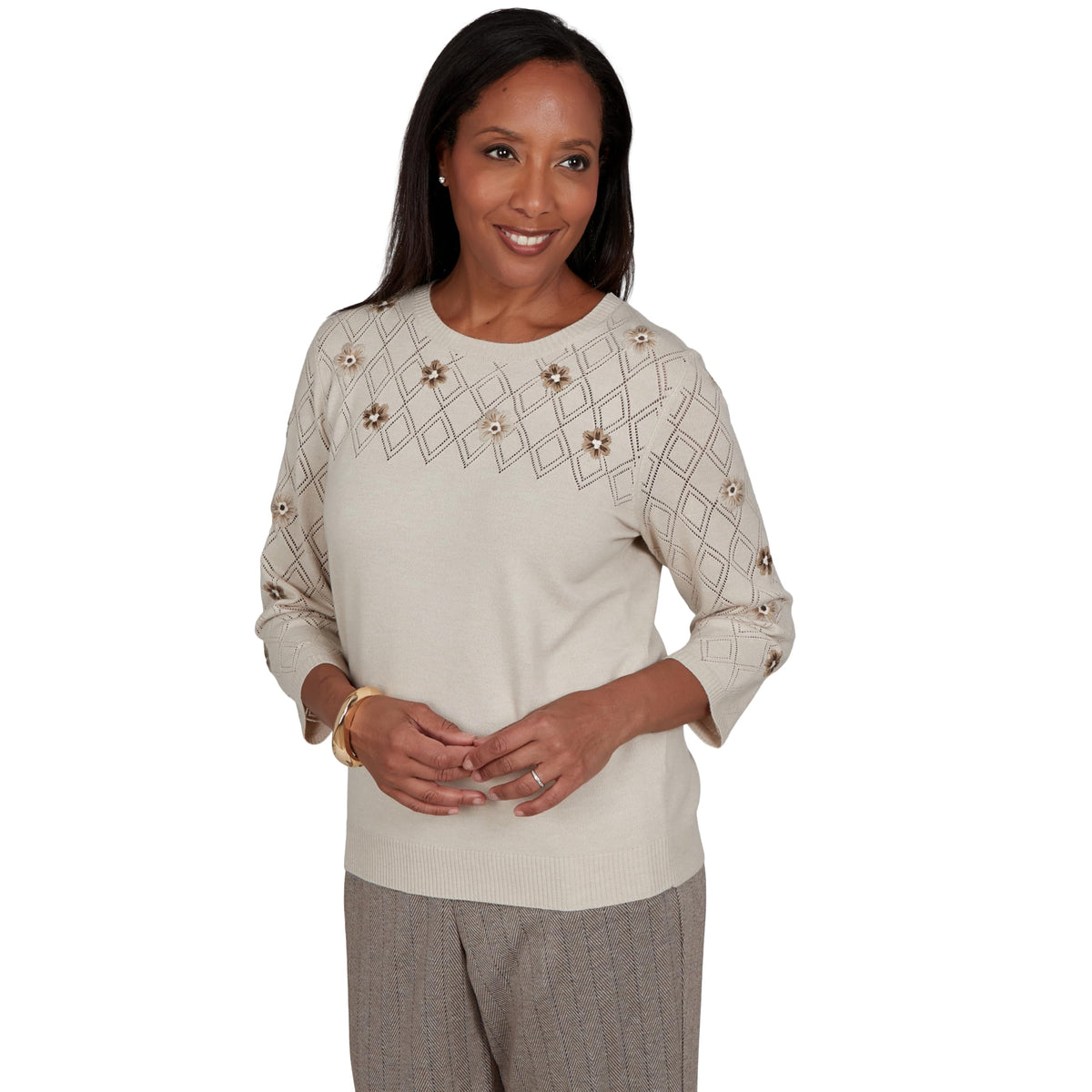 Alfred Dunner Petite Flower Embroidered Pointelle Sweater, Latte, PL