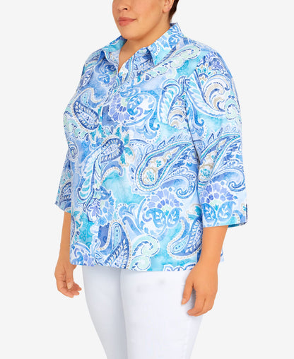 Alfred Dunner Women's Paisley 3/4 Sleeve Button Down Top