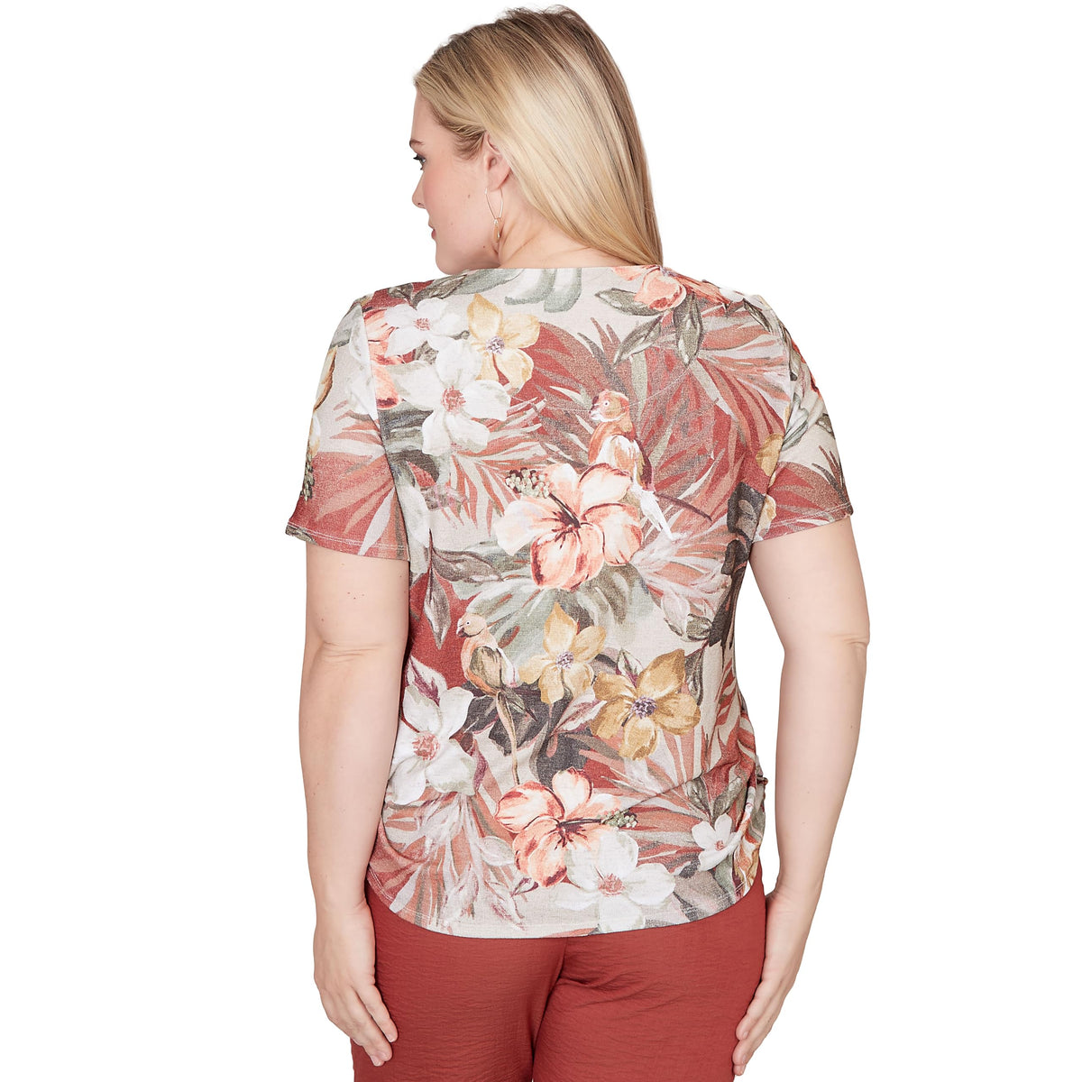 Alfred Dunner Women's Dramatic Floral Tee with Necklace, Size L, Brown Multi