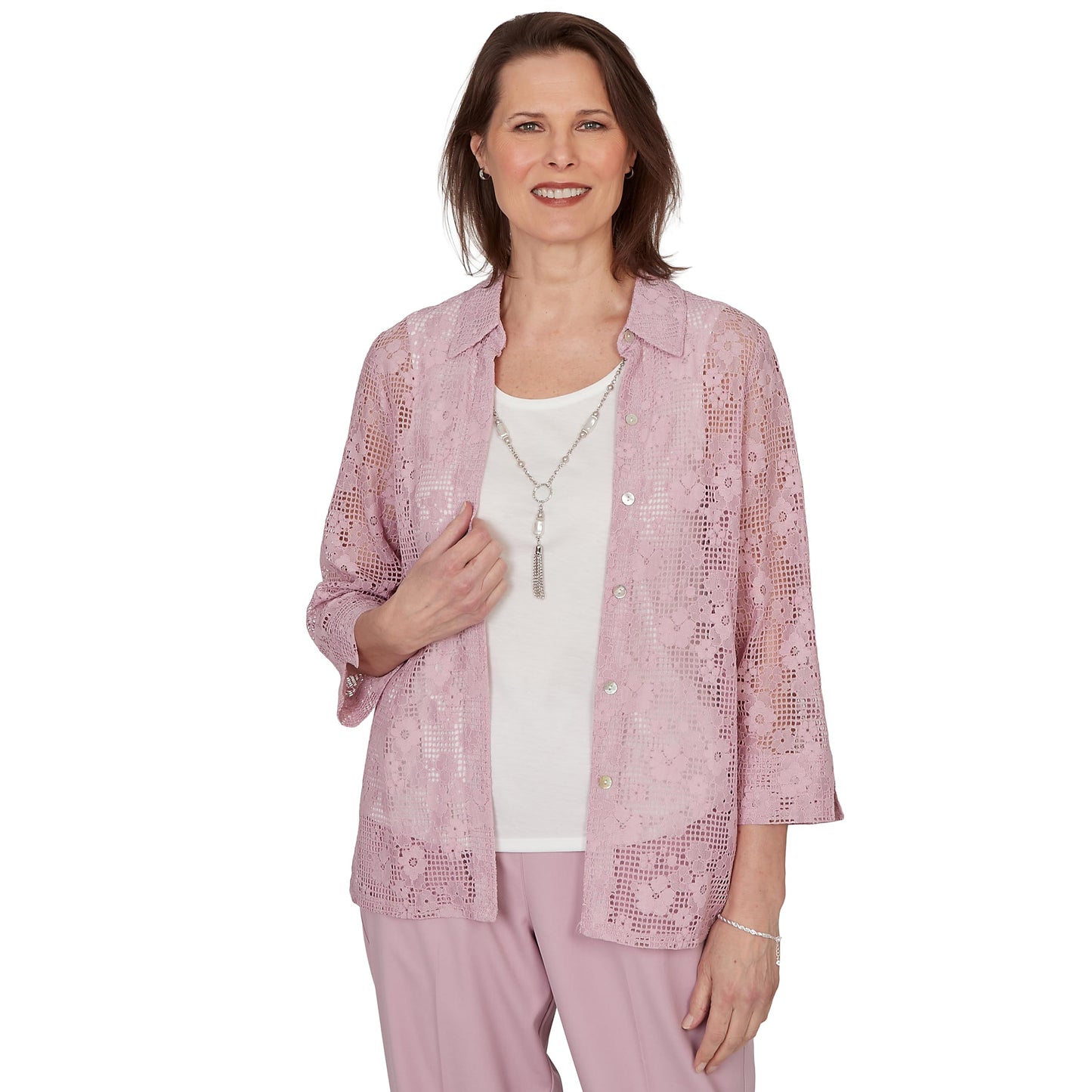 Alfred Dunner Women's Floral Lace Two in One Top with Necklace