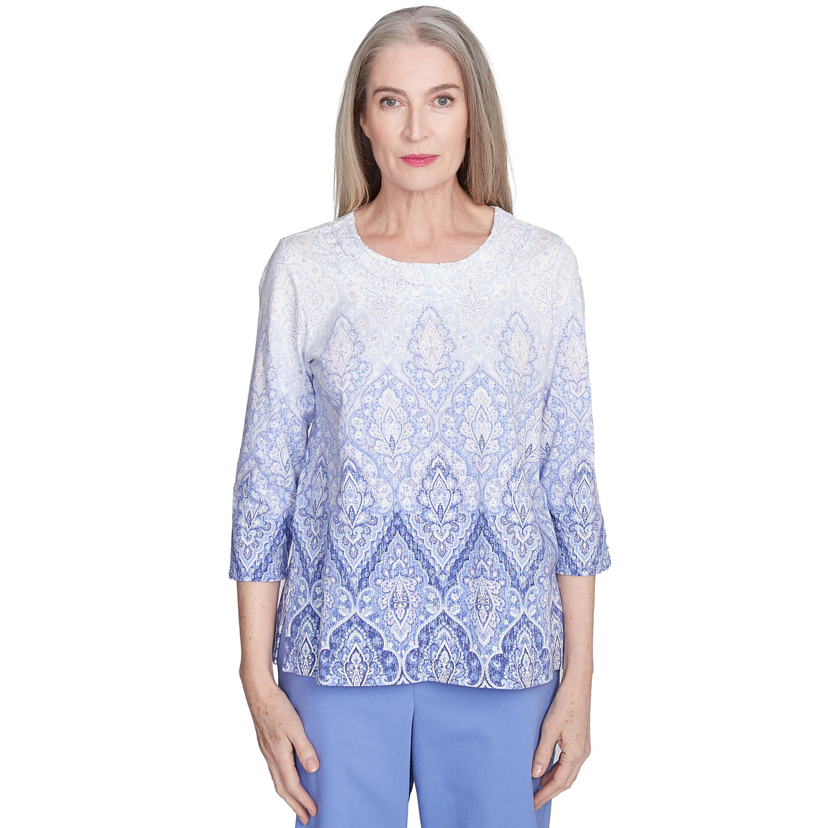 Alfred Dunner Ombr Medallion Print Cotton Top (US, Alpha, Large, Regular, Petite, Petite, Iris)