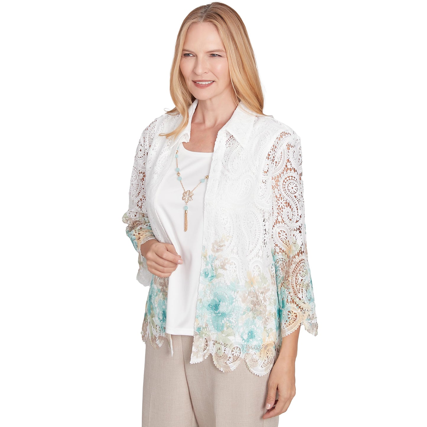 Alfred Dunner Kingston Gardens Border Floral Lace 2 in 1 Blouse