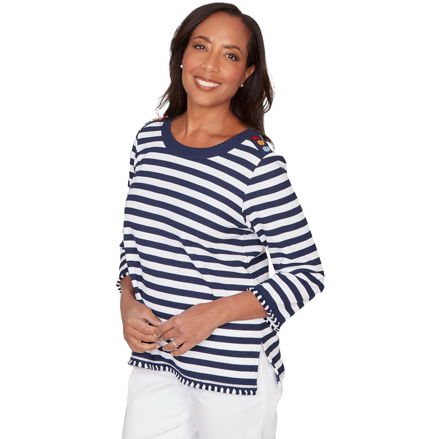 Alfred Dunner Women's Pique Stripe Button Detail Top, Size L, Navy/White