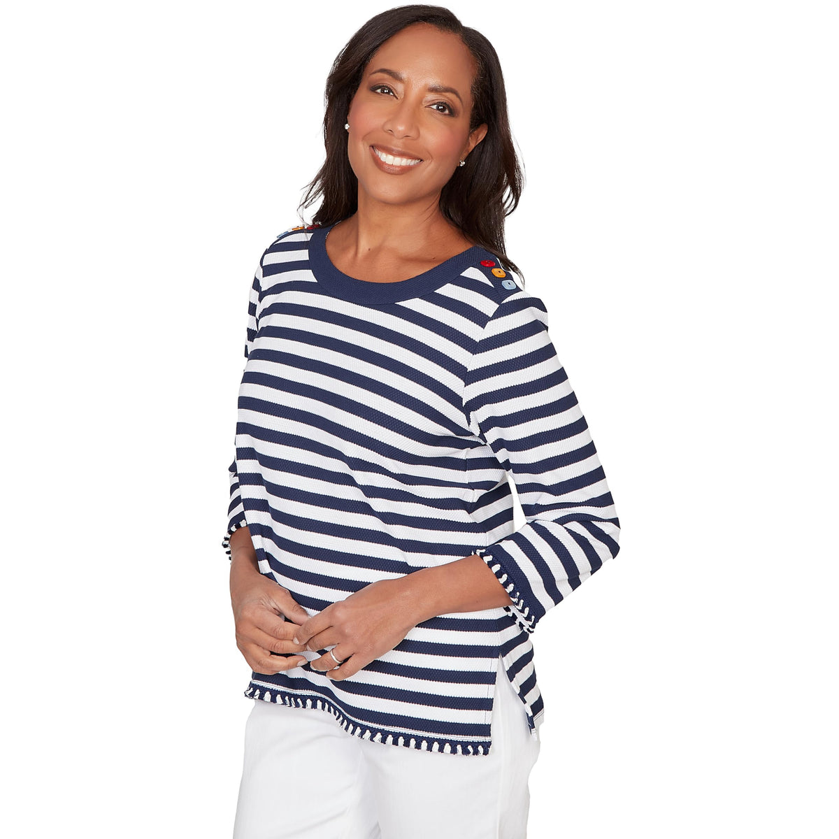 Alfred Dunner Women's Pique Stripe Button Detail Top