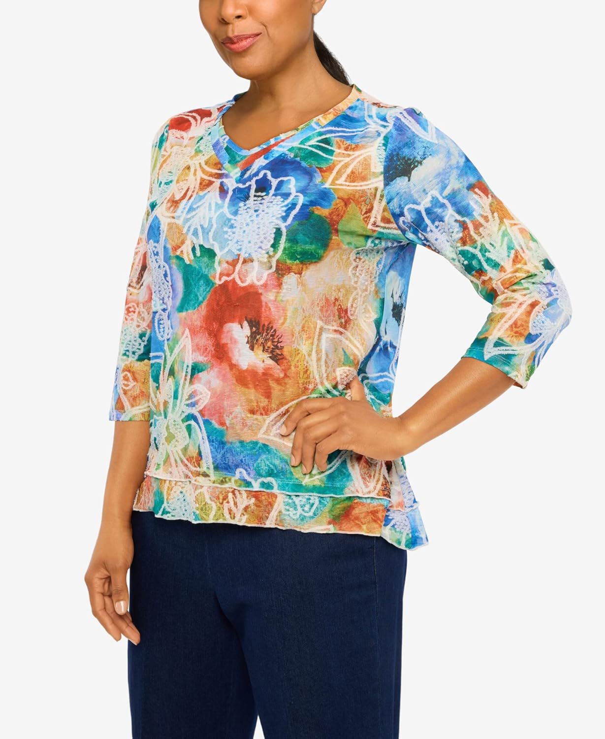 Alfred Dunner Women's Petite Moody Watercolor Floral V-Neck Top Size PXL Multi