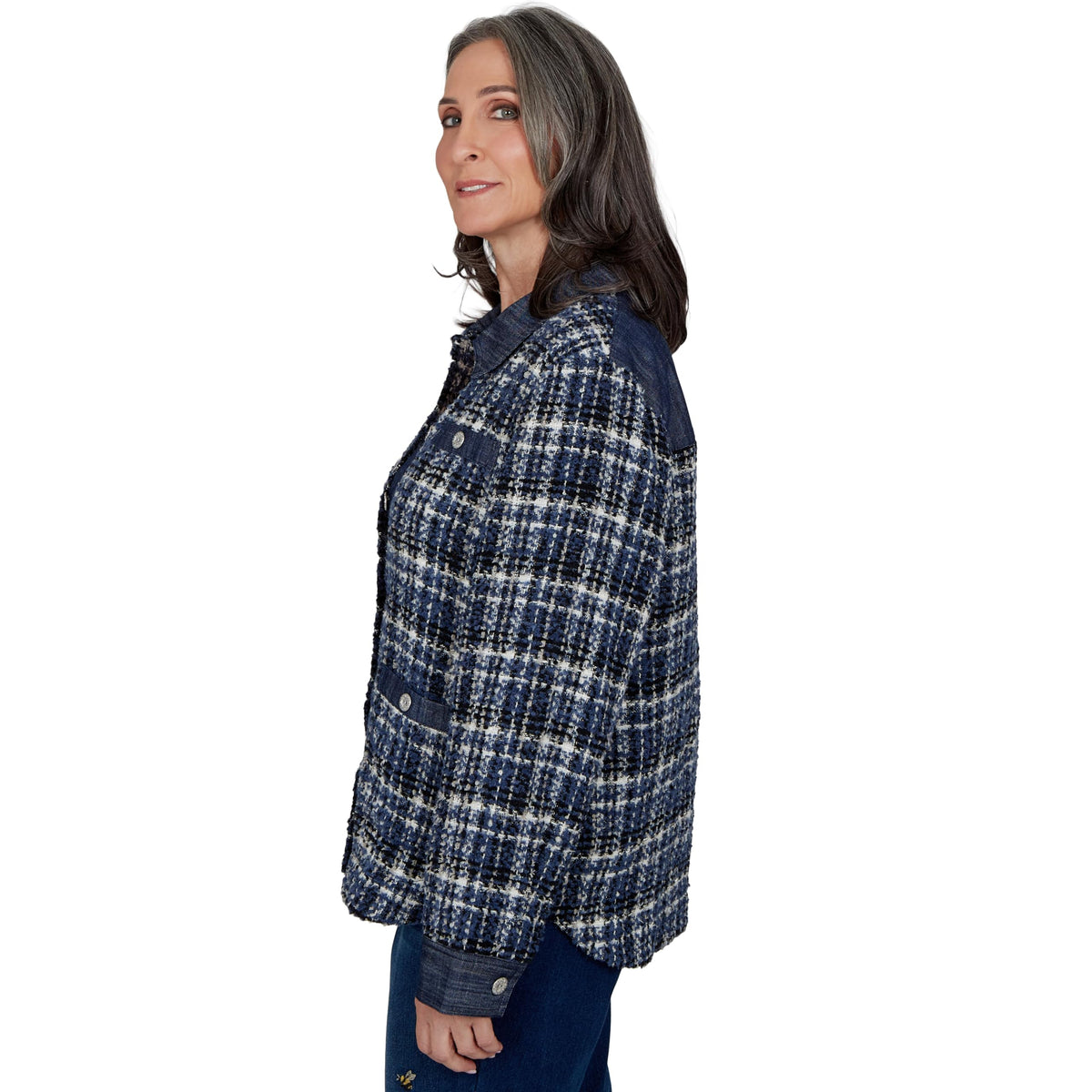 Alfred Dunner Women's Denim Trim Plaid Eyelash Jacket, Navy, S