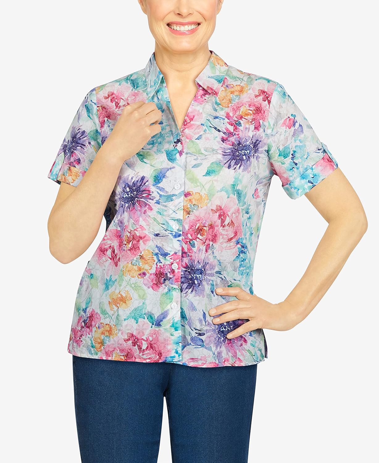 Alfred Dunner Womens Petite Floral Print Burnout Shirt, Multi, PXL