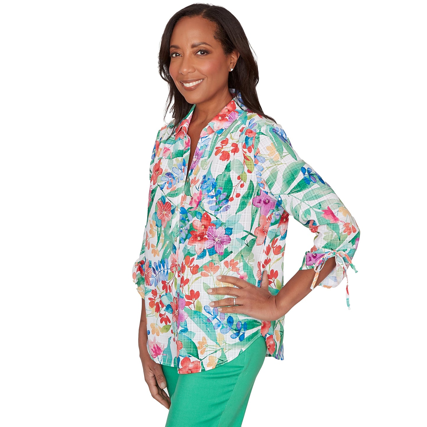Alfred Dunner Women's Tropical Print Tie Sleeve Button Front Top