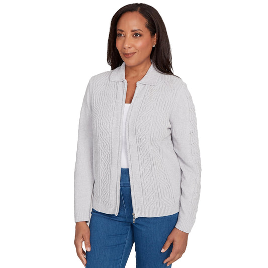 Alfred Dunner Chenille Zip Front Cardigan (US, Alpha, Small, Regular, Regular, Standard, Grey)