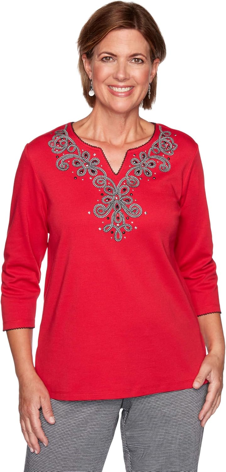 Alfred Dunner Women's Petite Fashion Basic Houndstooth Soutache Yoke Knit Top Size PS Red