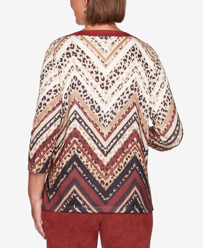 Alfred Dunner Women's Fashion Animal Skin Chevron Pattern Knit Top with Suede Trim Size XL Multi