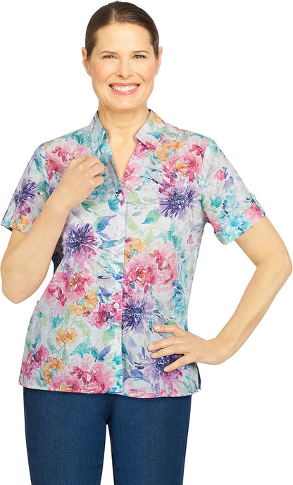 Alfred Dunner Womens Petite Floral Print Burnout Shirt, Multi, PXL