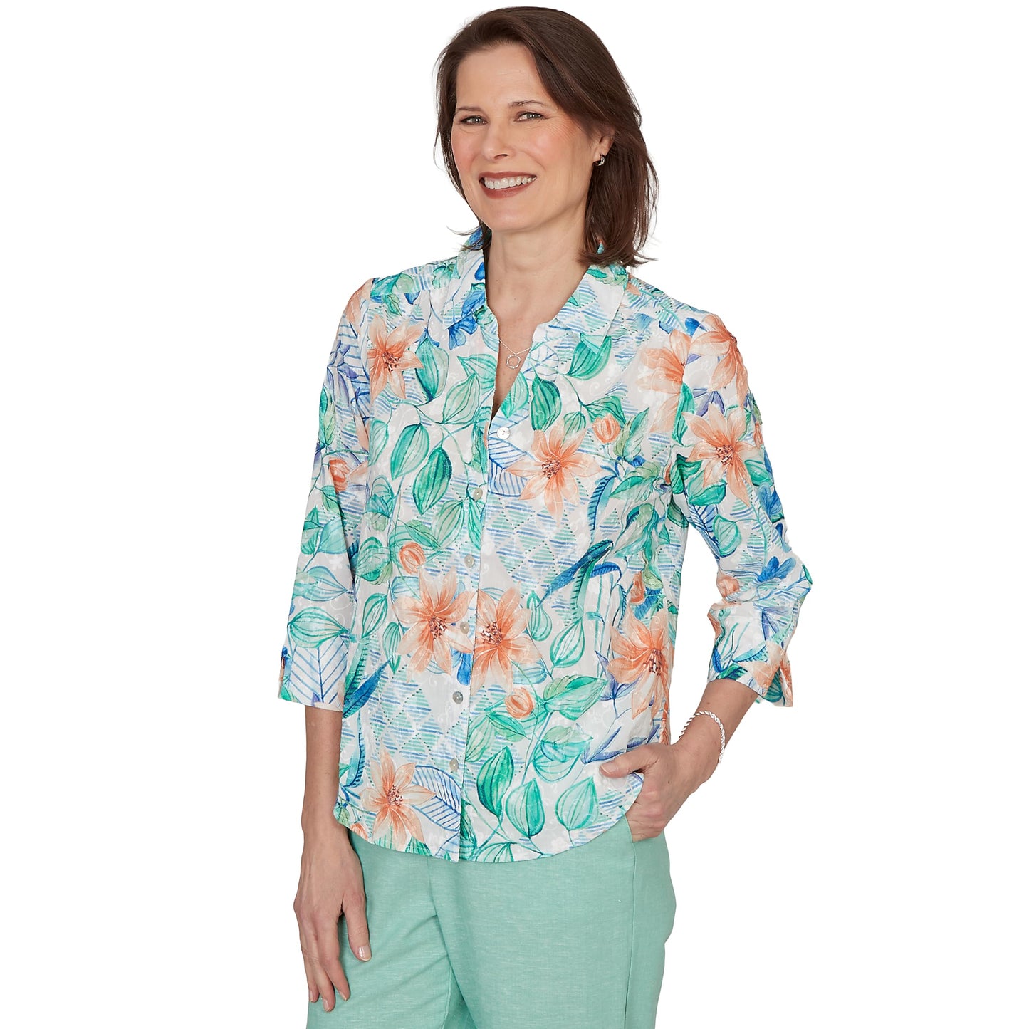 Alfred Dunner Women's Tropical Flower Eyelet Tie Sleeve Top