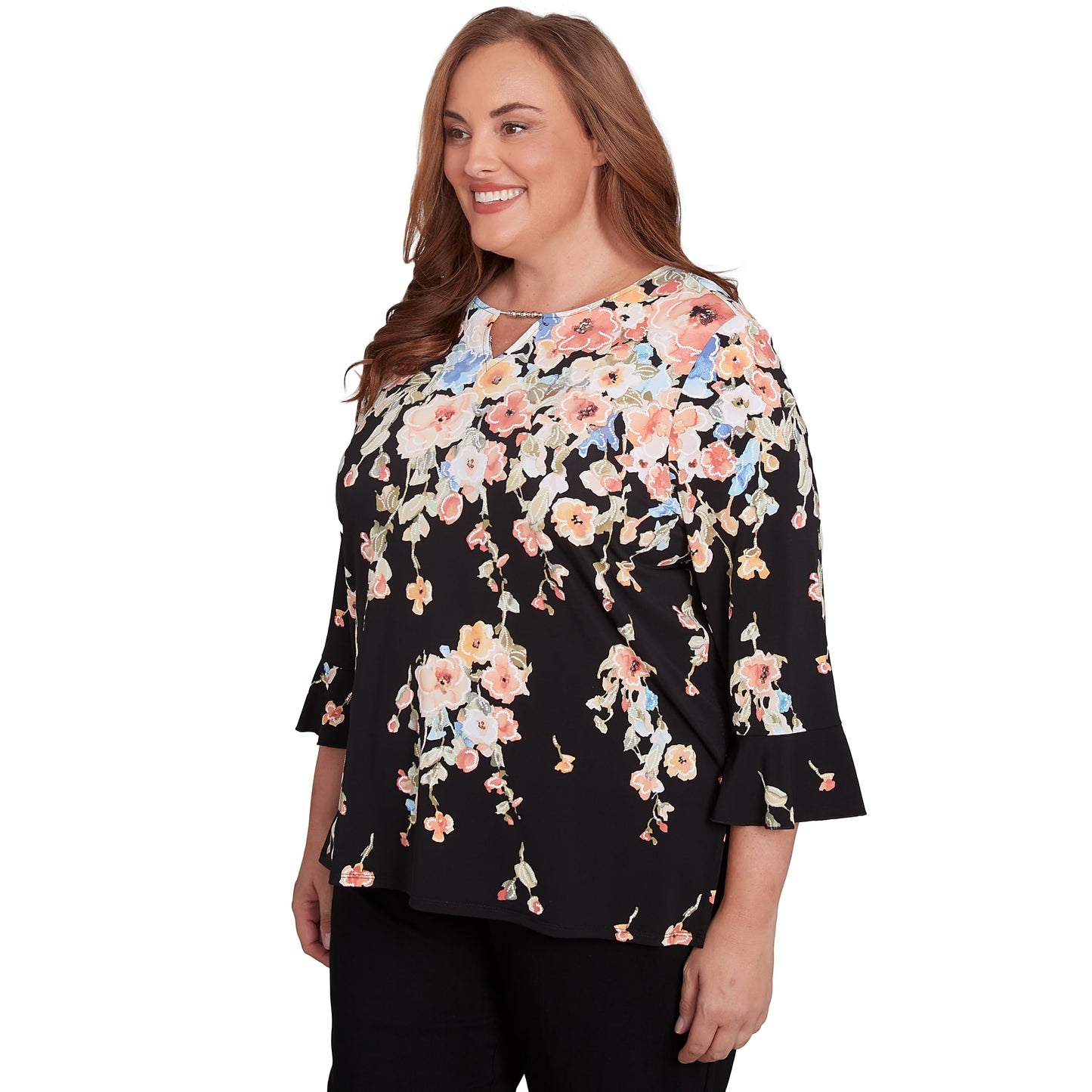 Falling Flower Beaded Split Neck Top