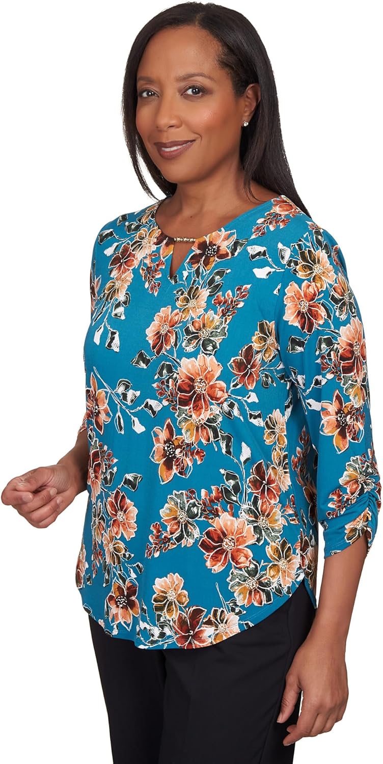 Alfred Dunner Women's Tossed Floral Shirttail Hem Top Size L Teal