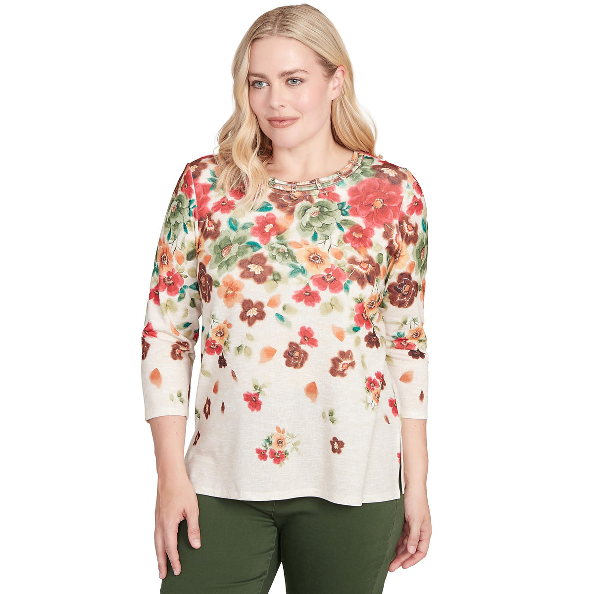 Alfred Dunner Women's Floral Detailed Neck Top Size S Oatmeal Multi