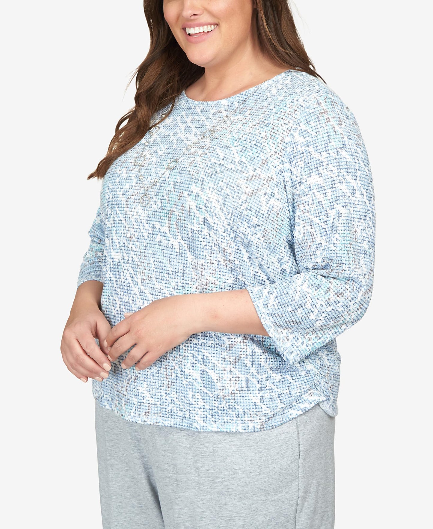 Alfred Dunner Women's Plus-Size Animal Print Ruched Hem Top with Necklace Size 1X Wedgewood