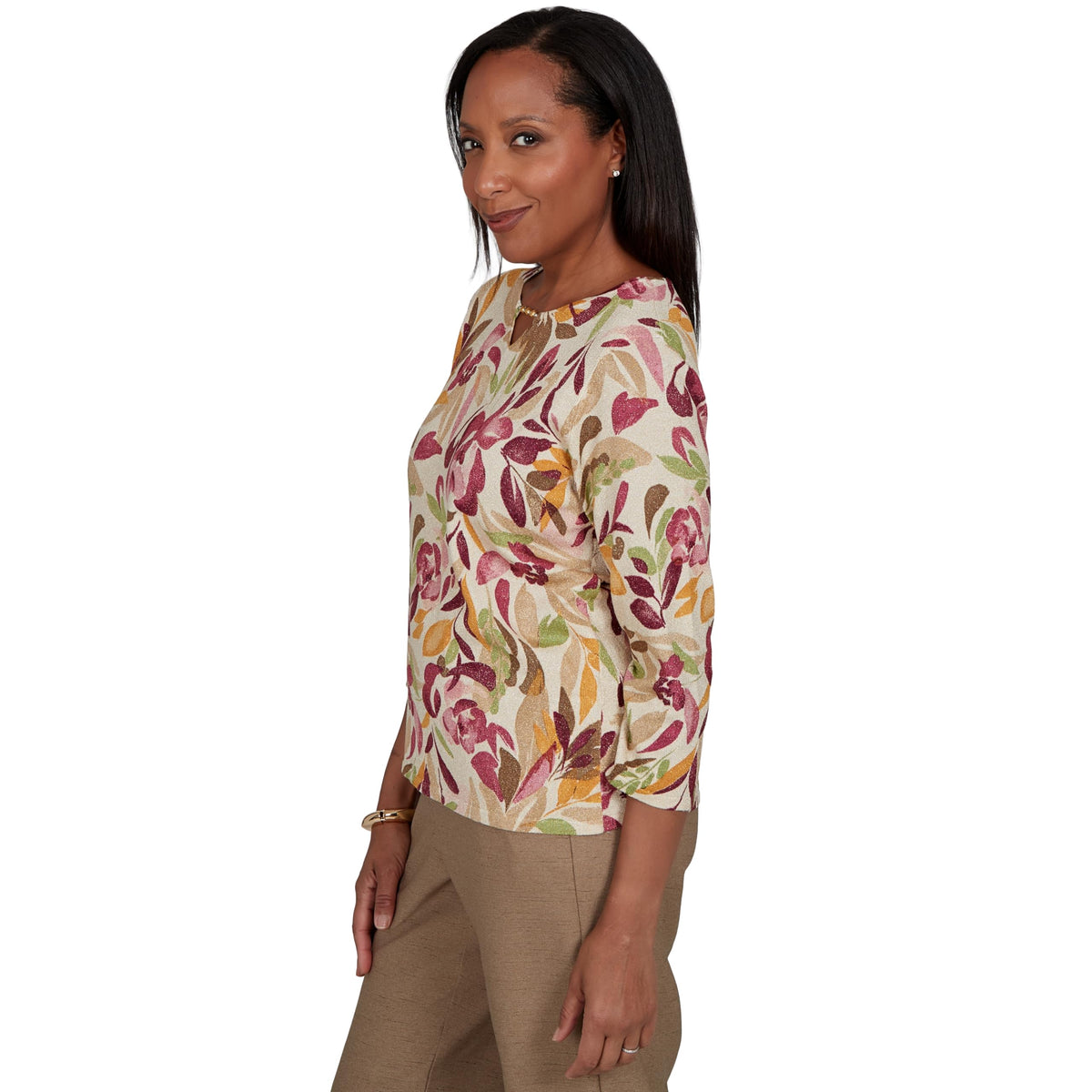 Alfred Dunner Women's Floral Painterly Print Shimmer Sweater, Tan, M