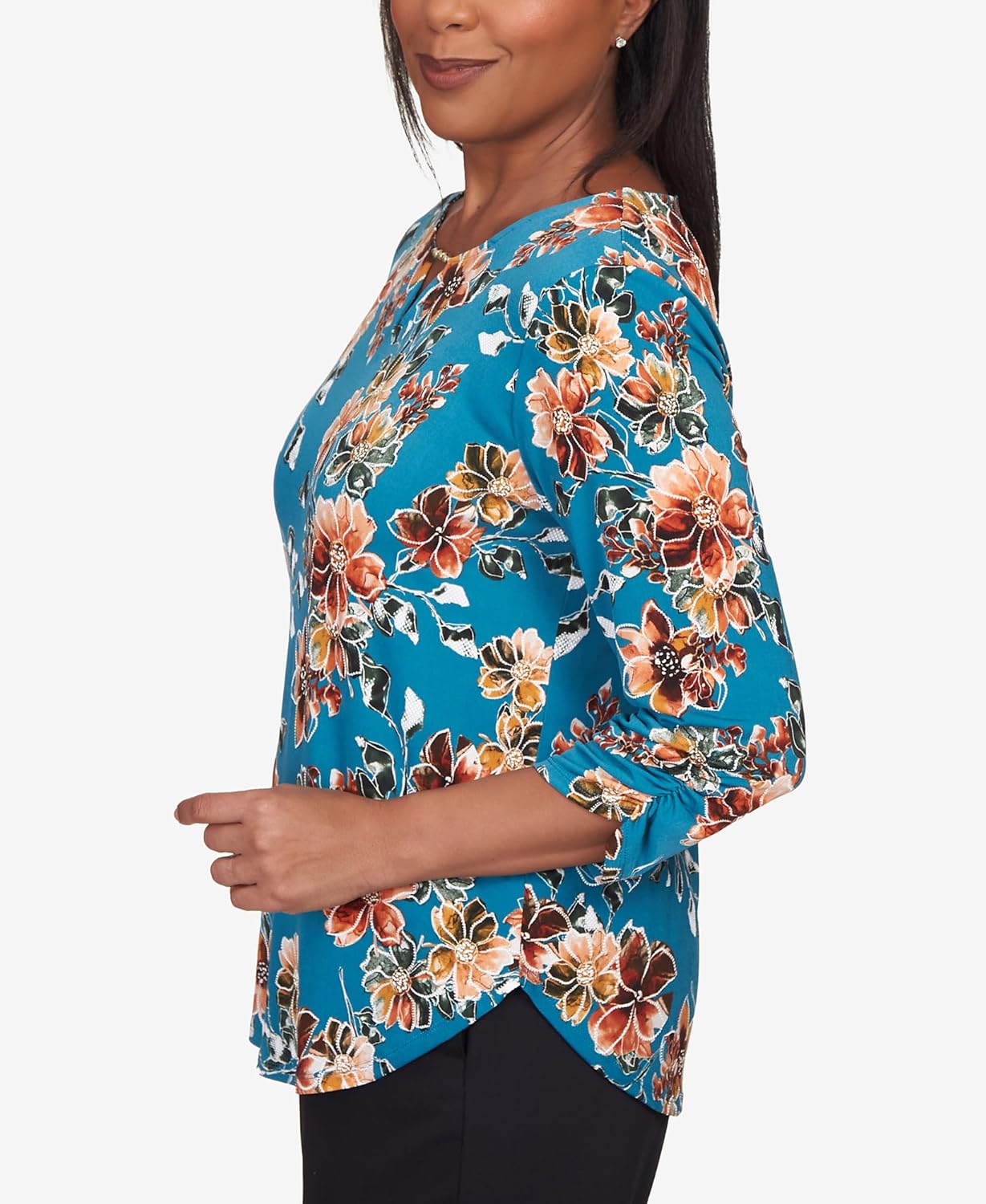 Alfred Dunner Women's Tossed Floral Shirttail Hem Top Size L Teal