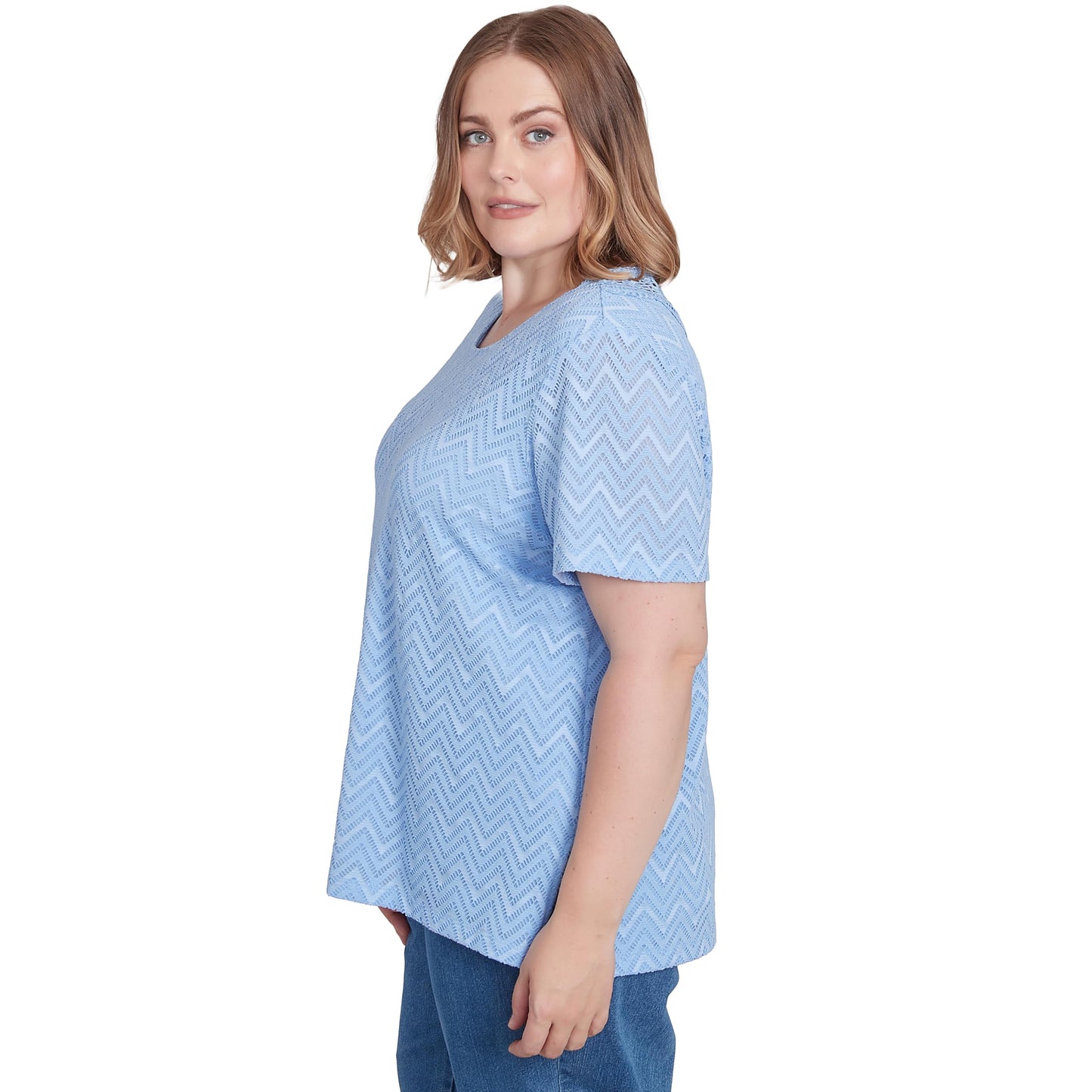 Alfred Dunner Women's Petite Textured Chevron Lace Back Tee Size PS Iris