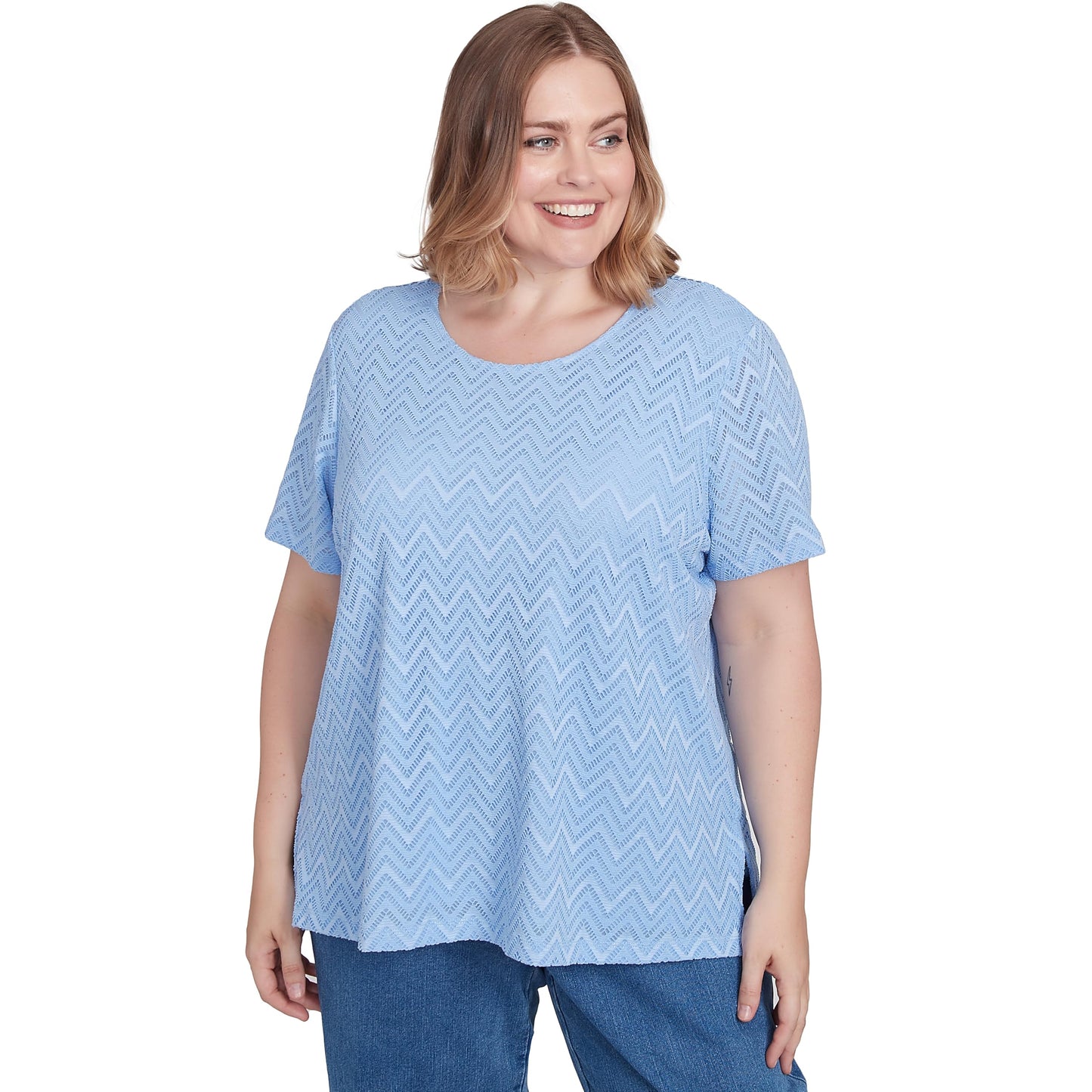 Alfred Dunner Women's Petite Textured Chevron Lace Back Tee Size PS Iris