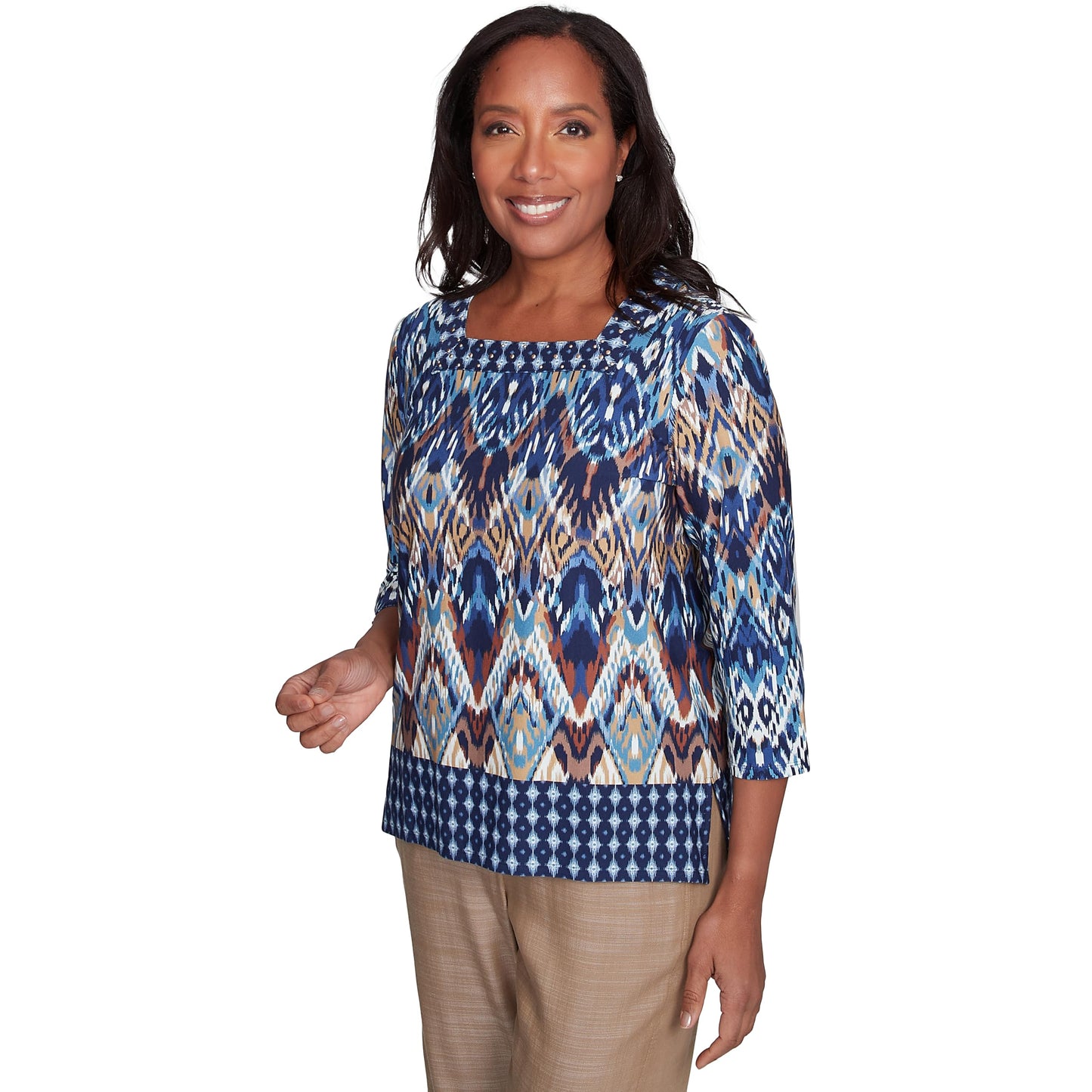 Alfred Dunner Ikat Diamond Border Top Cotton (US, Alpha, Small, Regular, Petite, Petite, Multi)