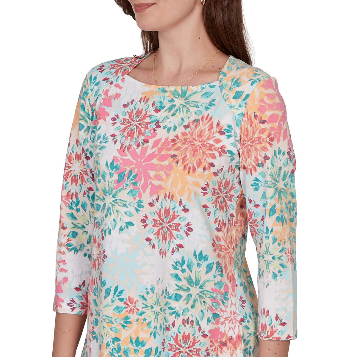 Ruby Rd. Women's Floral Medallion Envelope Neck Knit Top Size M Cotton Candy Multi